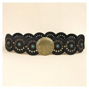 Boho Western Belt‎ Black Faux Leather Turquoise Gold Accents Vintage Cowgirl